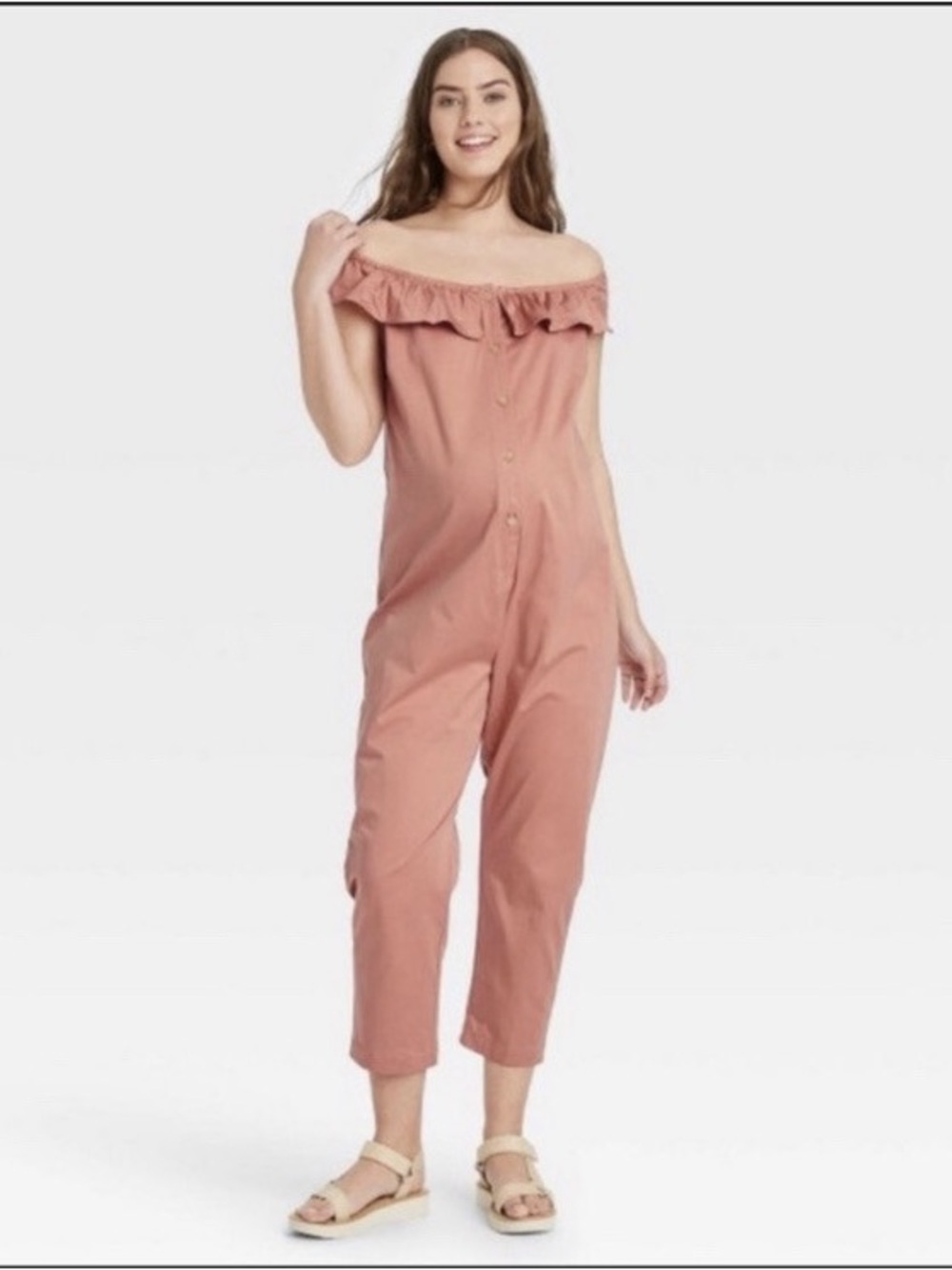 The Nines by HATCH Ruffled Square-Neck Button-Front Jumpsuit in Dusty Rose
